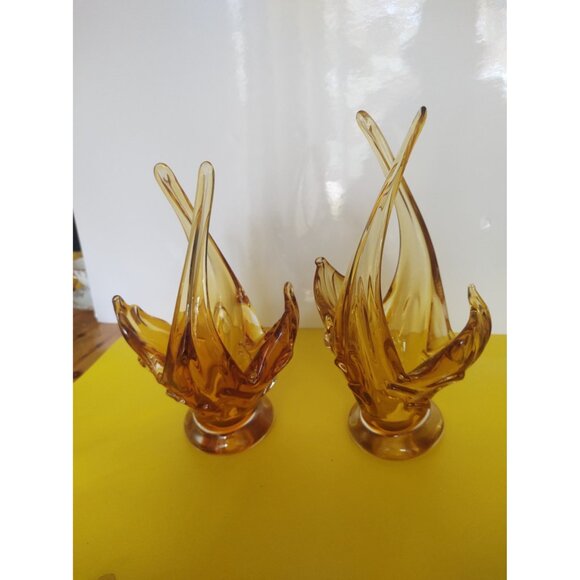 Vintage Chalet Canada Art Glass Vases Amber/Orange set of 2 1960's 11" - Picture 4 of 16